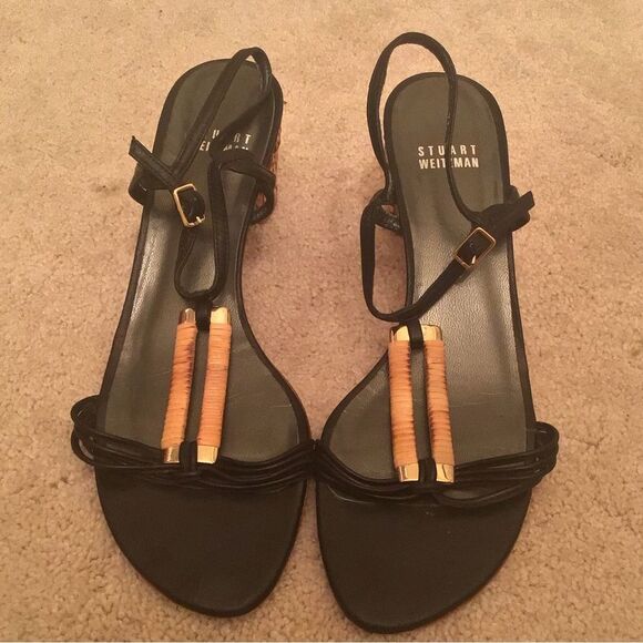 Vtg Rare STUART WEITZMAN Black Leather Strappy Brown BASKET WEAVE Heels Sandals - Picture 6 of 12